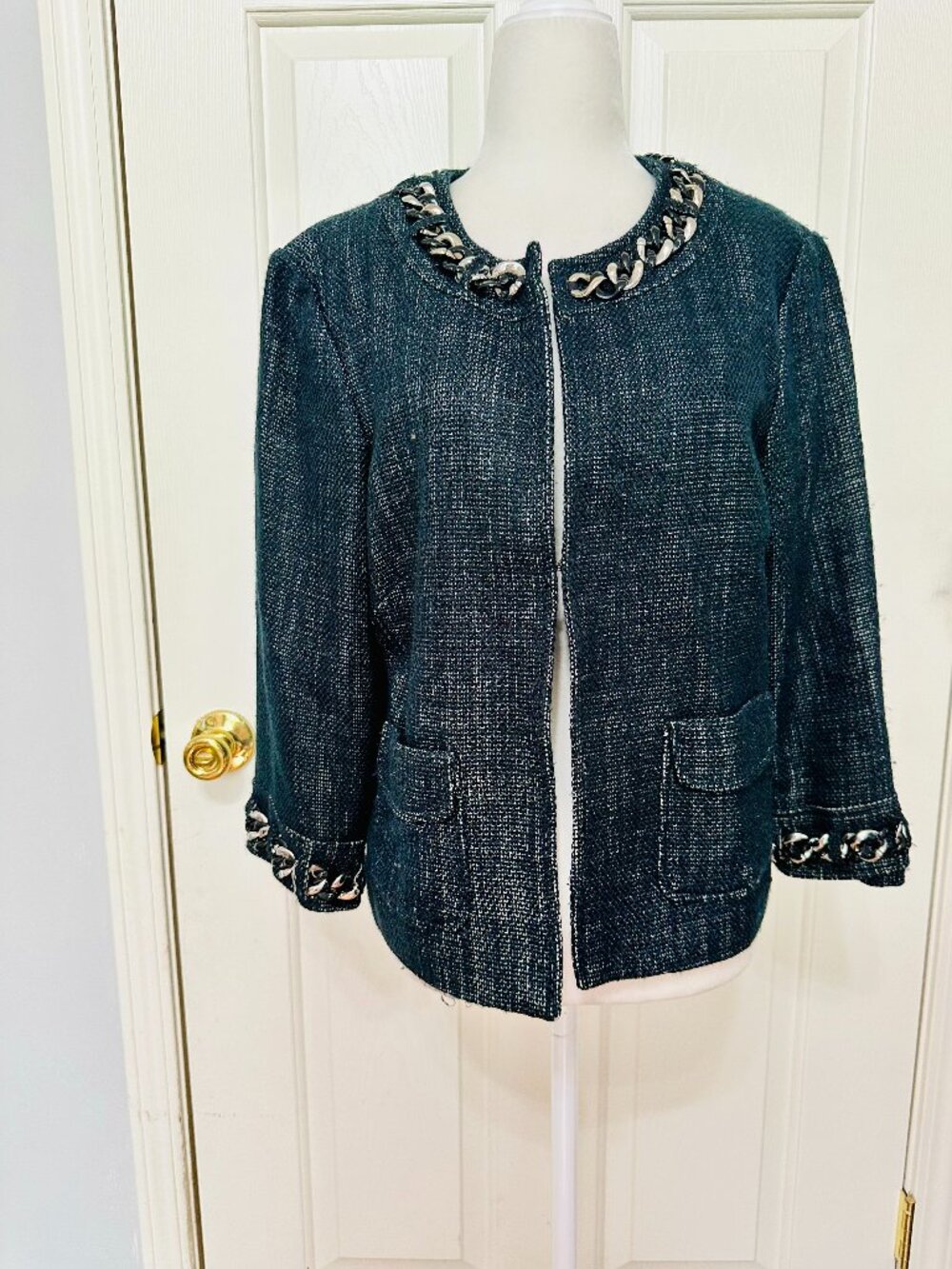 MICHAEL KORS  BLACK TWEED WITH CHUNKY CHAIN NECKLINE CUFS BLAZER JACKET SIZE 10
